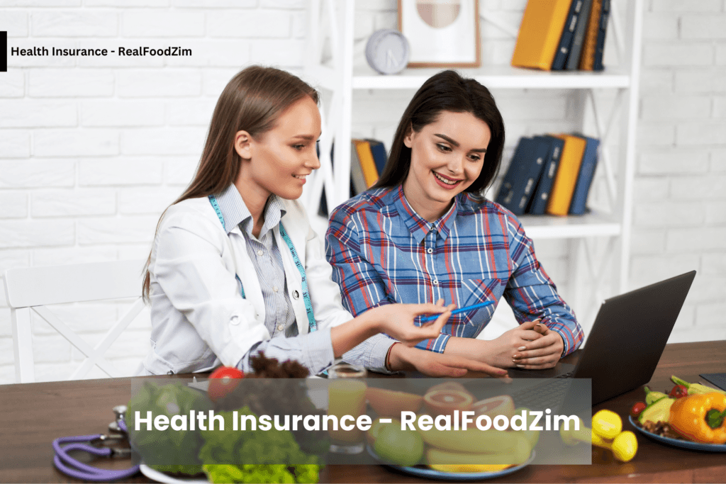 A doctor and a woman discussing health insurance while looking at a laptop, with healthy food on the table.