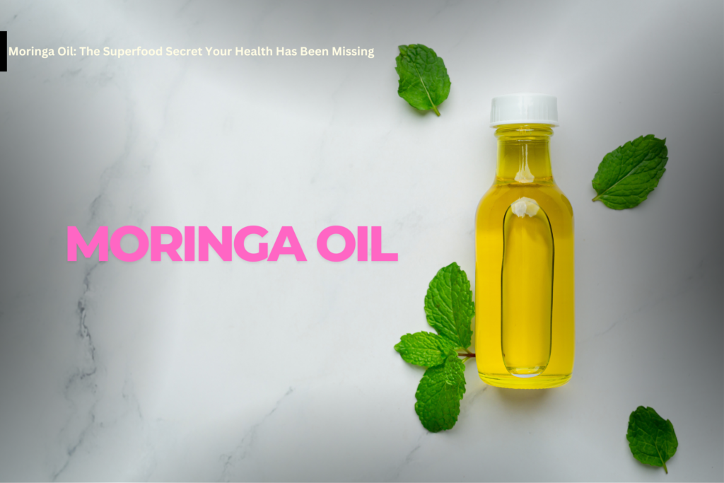 A bottle of Moringa oil with fresh mint leaves on a white marble background.