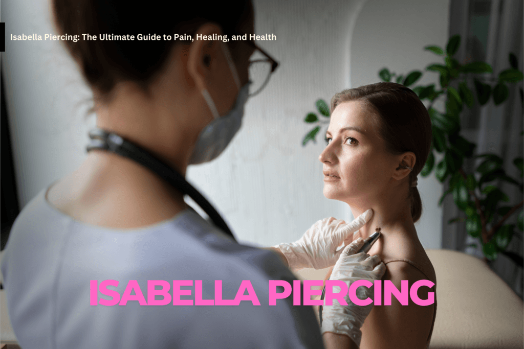 A woman consulting a professional about a piercing, with a doctor examining her skin.